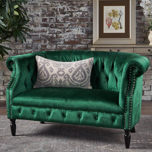 Melaina Tufted Chesterfield Velvet Loveseat with Scrolled Arms, Emerald and Dark Brown.