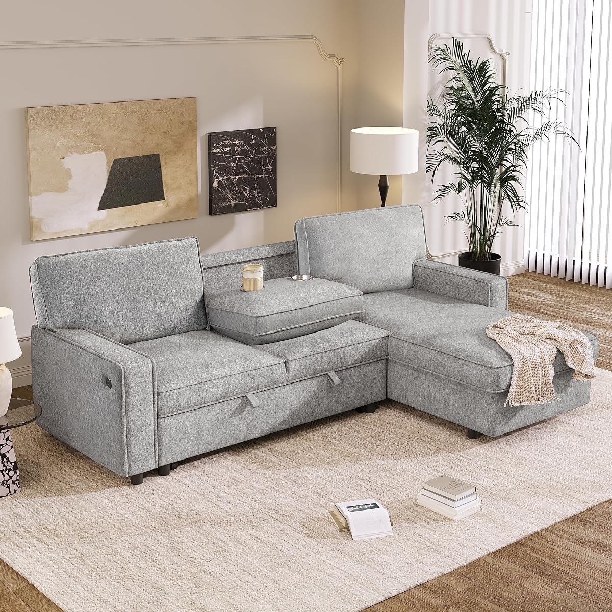 LUMISOL 89" Convertible Sleeper Sofa Bed, Modern L-Shaped Sectional Sofa Pull Out Couch with Chaise, Upholstered Sofa Bed with Cup Holder, USB Ports for Living Room, Small Apartment, Gray