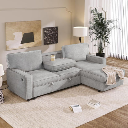 LUMISOL 89" Convertible Sleeper Sofa Bed, Modern L-Shaped Sectional Sofa Pull Out Couch with Chaise, Upholstered Sofa Bed with Cup Holder, USB Ports for Living Room, Small Apartment, Gray
