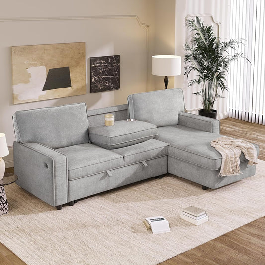 LUMISOL 89" Convertible Sleeper Sofa Bed, Modern L-Shaped Sectional Sofa Pull Out Couch with Chaise, Upholstered Sofa Bed with Cup Holder, USB Ports for Living Room, Small Apartment, Gray