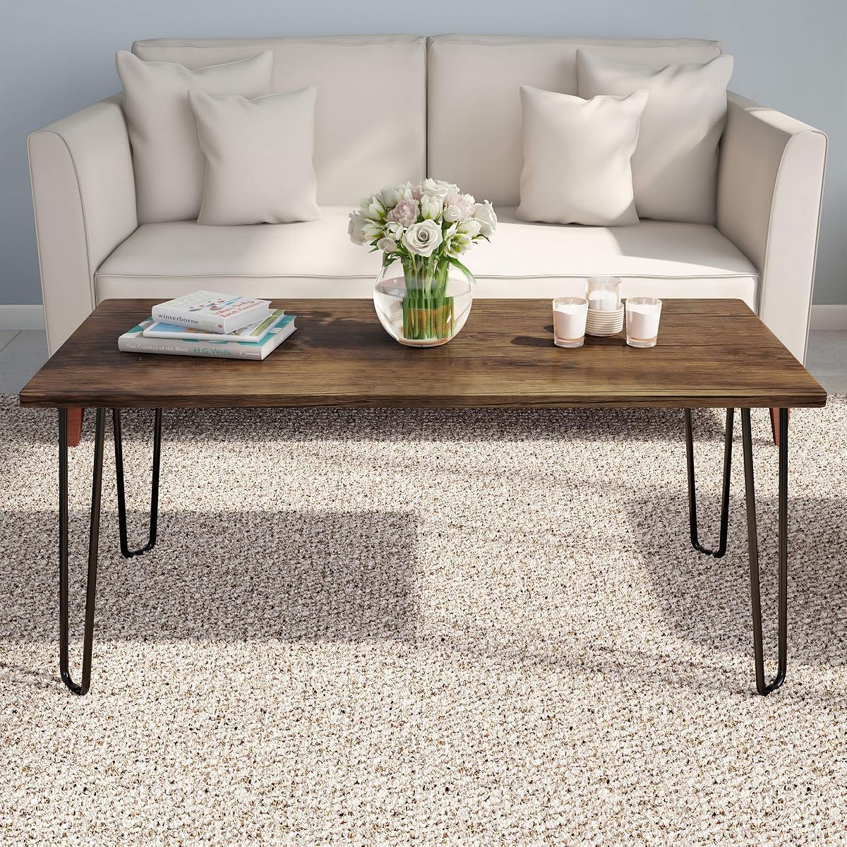 Coffee Table with Hairpin Legs - Modern Industrial Style Home Decor - Woodgrain-Look and Steel Accent Living Room Furniture (Brown)