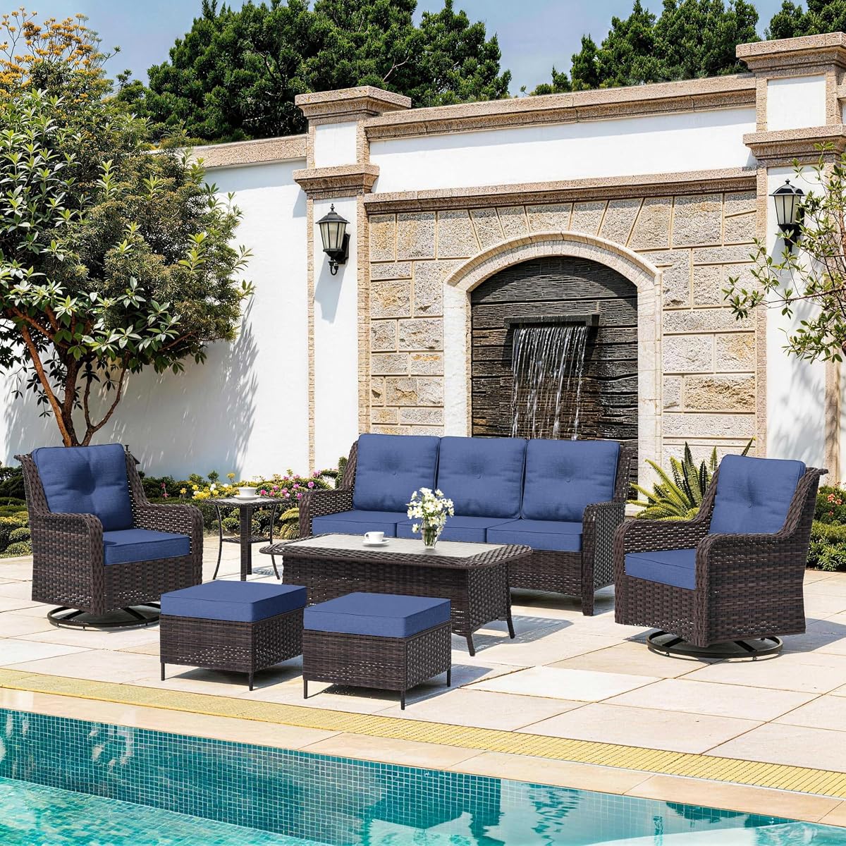 7-Piece Patio Furniture Set, Outdoor Thick Wicker Sectional Sofas with 2 Swivel Chairs, High Back Sectional Sofa Couch, Outdoor Conversation Set for Backyard, Porch, Deck, Dark Blue