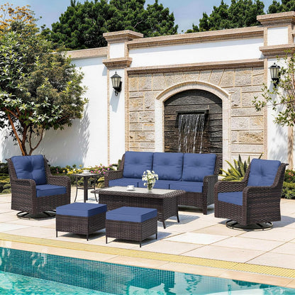 7-Piece Patio Furniture Set, Outdoor Thick Wicker Sectional Sofas with 2 Swivel Chairs, High Back Sectional Sofa Couch, Outdoor Conversation Set for Backyard, Porch, Deck, Dark Blue