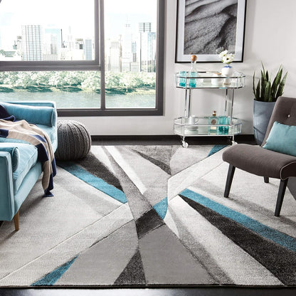 SAFAVIEH Hollywood Collection X-Large Area Rug - 11' x 15', Grey & Teal, Mid-Century Modern Design, Non-Shedding & Easy Care, Ideal for High Traffic Areas in Living Room, Bedroom (HLW710D)