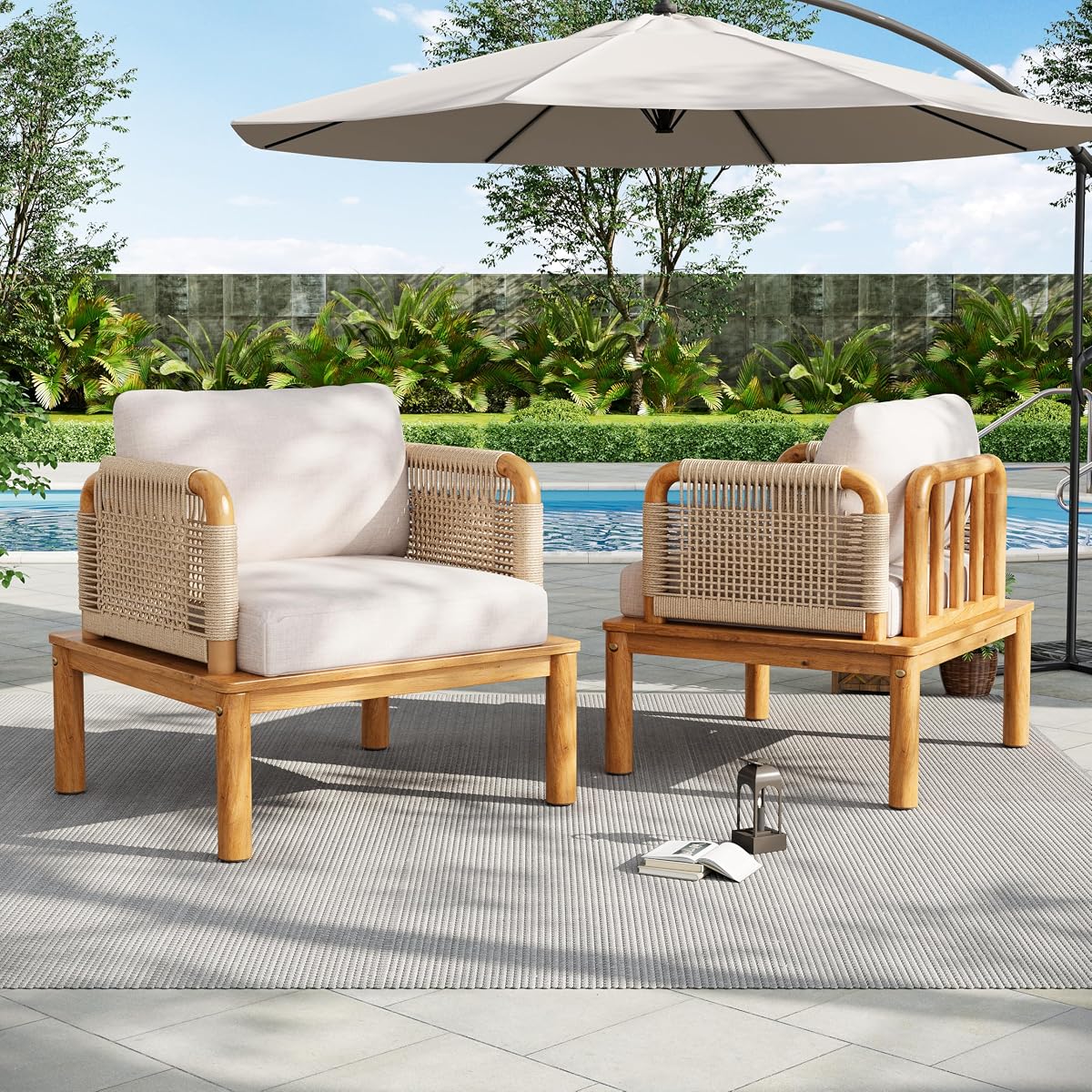 Coby Acacia Wood Patio Accent Chair Set of 2, Acacia Wood Outdoor Club Chair with Cushion, Patio Furniture Set, Teak+Beige