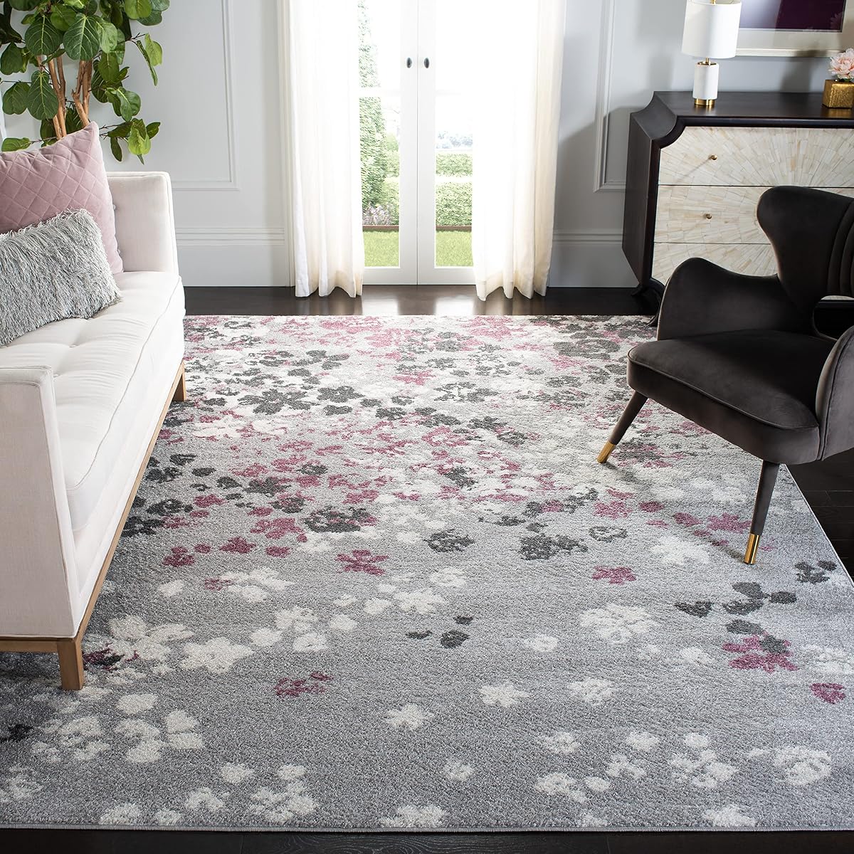 SAFAVIEH Adirondack Collection Area Rug - 9' x 12', Light Grey & Purple, Floral Design, Non-Shedding & Easy Care, Ideal for High Traffic Areas in Living Room, Bedroom (ADR115M)