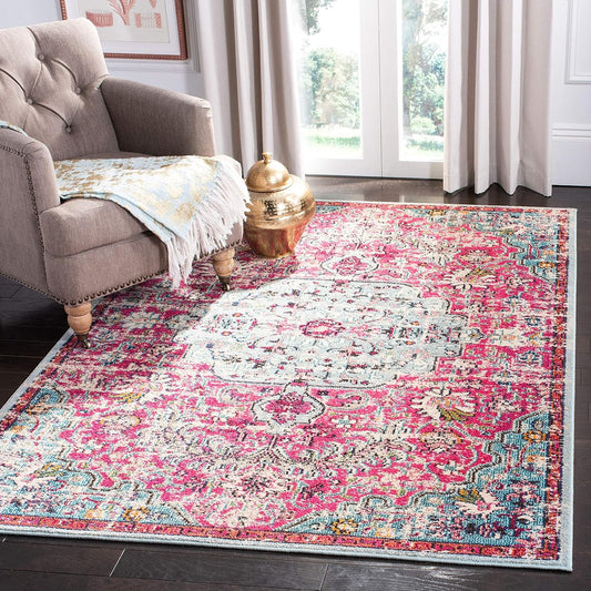 SAFAVIEH Madison Collection Area Rug - 6' x 9', Fuchsia & Teal, Boho Chic Medallion Distressed Design, Non-Shedding & Easy Care, Ideal for High Traffic Areas in Living Room, Bedroom (MAD447R)