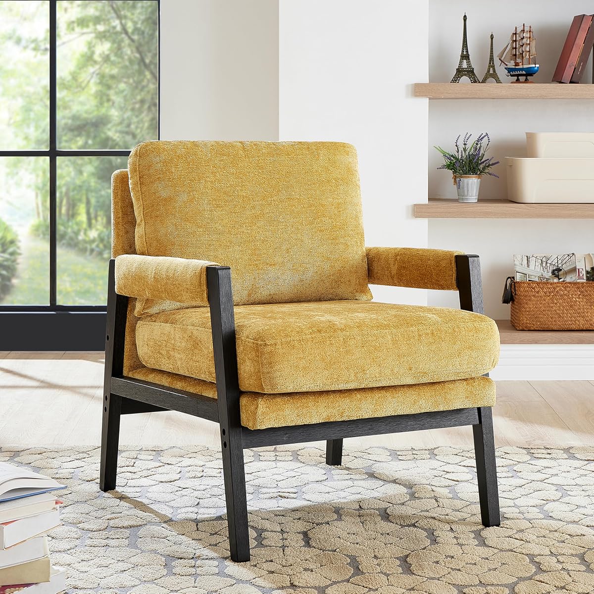 Kelly Mid-Century Modern Chenille Upholstered Accent Armchair, Yellow