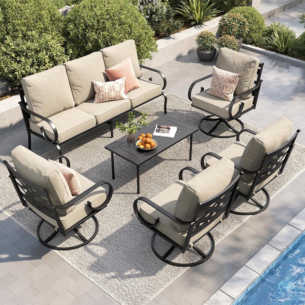 Patio Furniture Set, 3-Seater Sofa, 4 Swivel Chairs and a Coffee Table, Outdoor Metal Conversation Set with 5.75" Extra Thick Cushion for Garden Backyard Deck, Beige