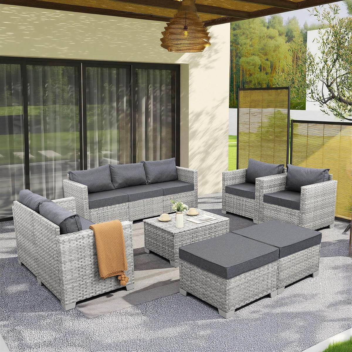 Patio Furniture Set 7 Piece Grey Wicker Outdoor Conversation Sets PE Rattan Sectional Sofa with Storage Coffee Table and Anti-Slip Grey Cushion