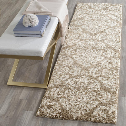 SAFAVIEH Florida Shag Collection Runner Rug - 2'3" x 21', Beige & Cream, Damask Design, Non-Shedding & Easy Care, 1.2-inch Thick Ideal for High Traffic Areas in Living Room, Bedroom (SG460-1311)
