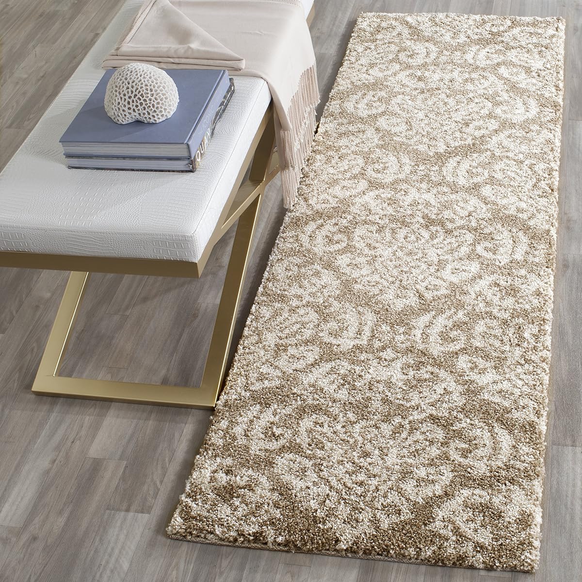 SAFAVIEH Florida Shag Collection Runner Rug - 2'3" x 17', Beige & Cream, Damask Design, Non-Shedding & Easy Care, 1.2-inch Thick Ideal for High Traffic Areas in Living Room, Bedroom (SG460-1311)