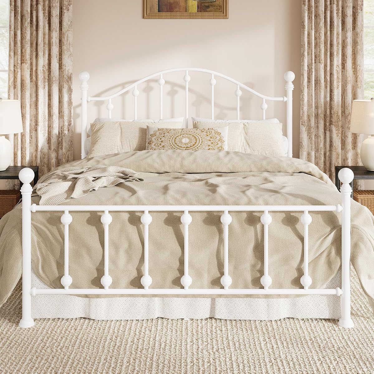 White Victorian Style Platform Bed with Curved Headboard