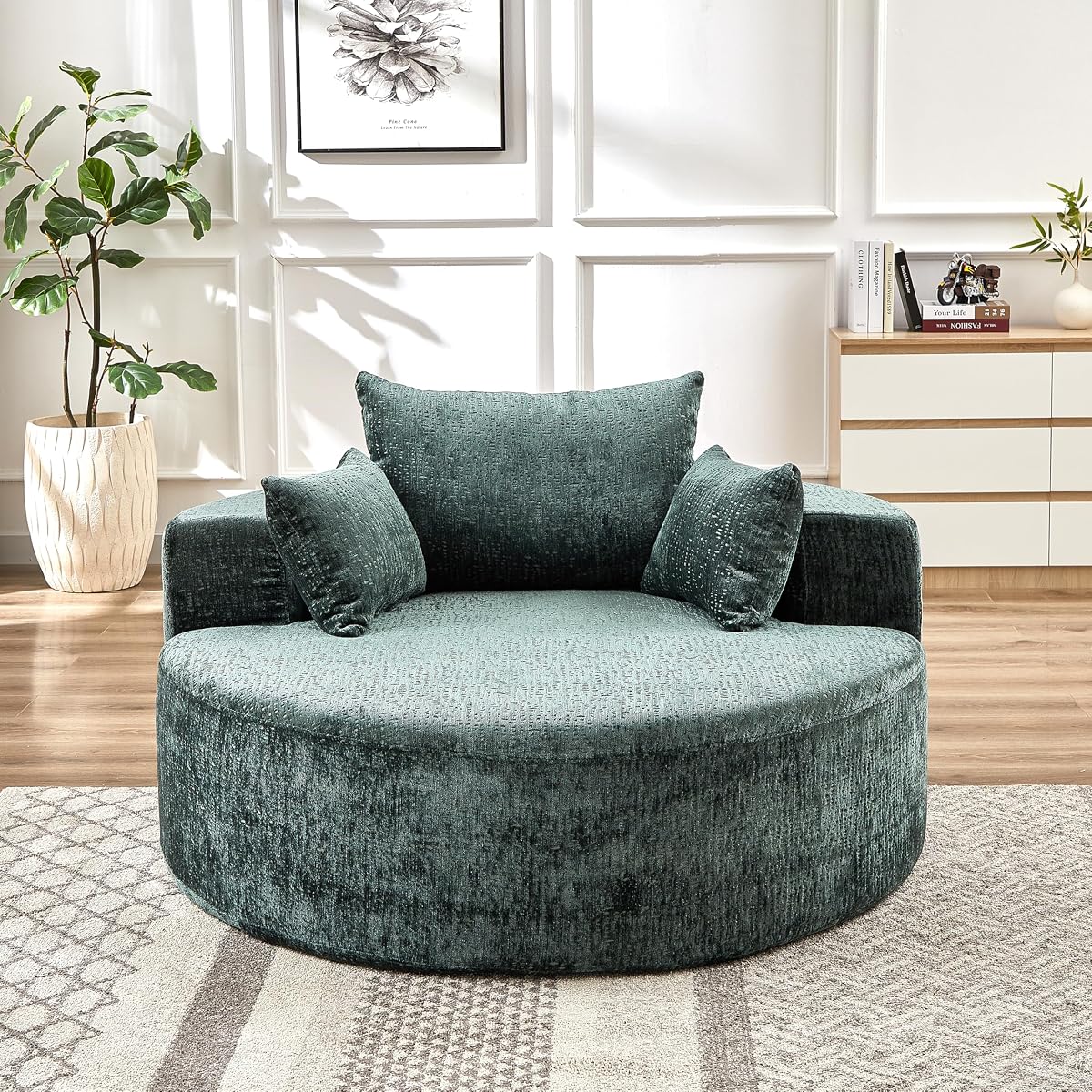Green Round Barrel Accent Chair, Textured Polyester Upholstered Lounge Chair with 3 Throw Pillows, Modern Comfy Single Sofa for Living Room Bedroom Reading Nook Home Office