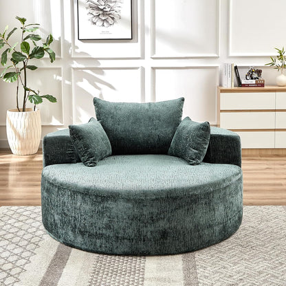 Green Round Barrel Accent Chair, Textured Polyester Upholstered Lounge Chair with 3 Throw Pillows, Modern Comfy Single Sofa for Living Room Bedroom Reading Nook Home Office