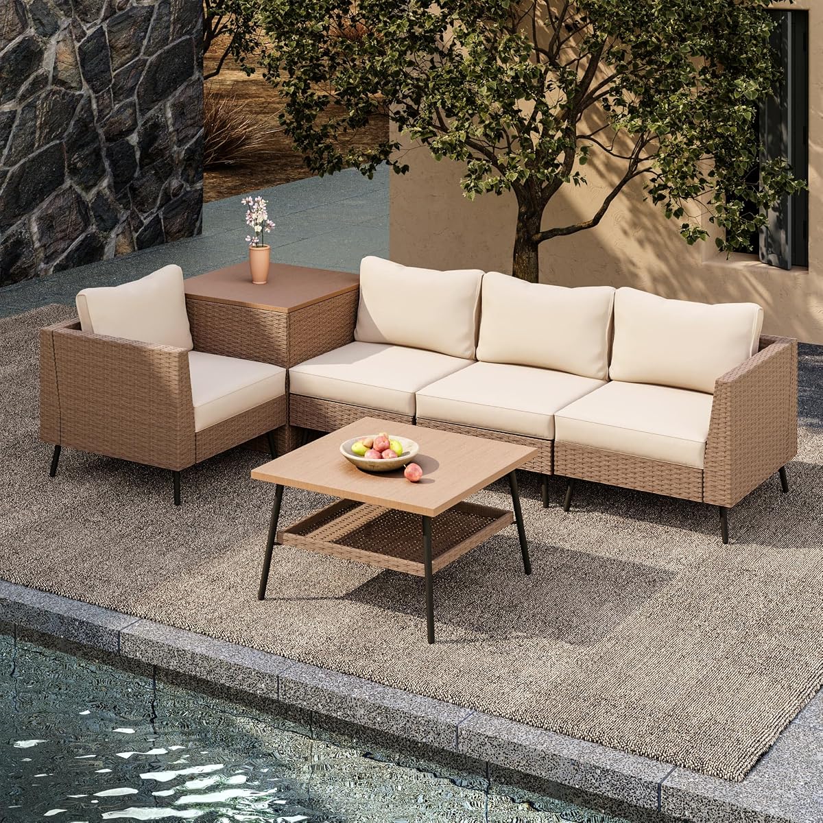 6 Pieces Outdoor Patio Furniture Sets, Rattan Conversation Sectional Set with Cushions and Storage Box, Patio Sofa with Outdoor Table