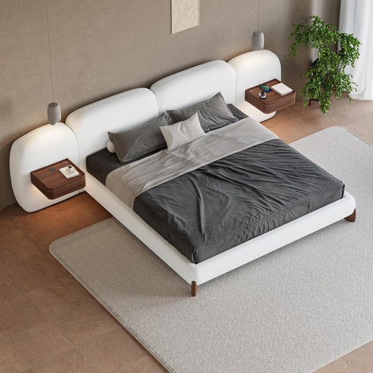 Modern Boucle Walnut Wood Bed Frame Set with Smart Features