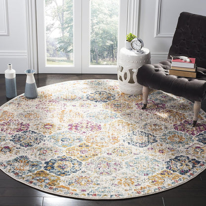 SAFAVIEH Madison Collection Area Rug - 5'3" Round, Cream & Multi, Boho Chic Distressed Design, Non-Shedding & Easy Care, Ideal for High Traffic Areas in Living Room, Bedroom (MAD611B)