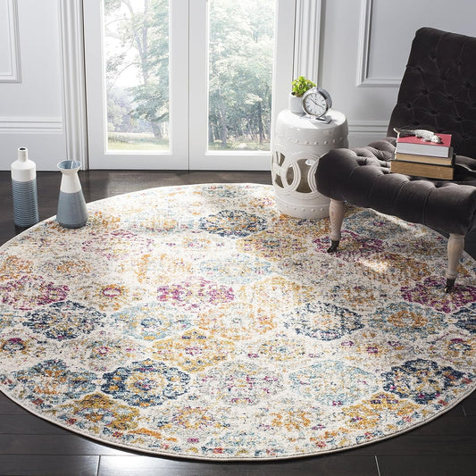 SAFAVIEH Madison Collection Area Rug - 5'3" Round, Cream & Multi, Boho Chic Distressed Design, Non-Shedding & Easy Care, Ideal for High Traffic Areas in Living Room, Bedroom (MAD611B)