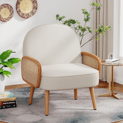 Mid Century Modern Accent Chair Armchair with Rattan Arms Upholstered Rattan Boho Accent Chair for Living Room Bedroom Balcony Faux Leather Reading Chairs Side Club Chair Beige