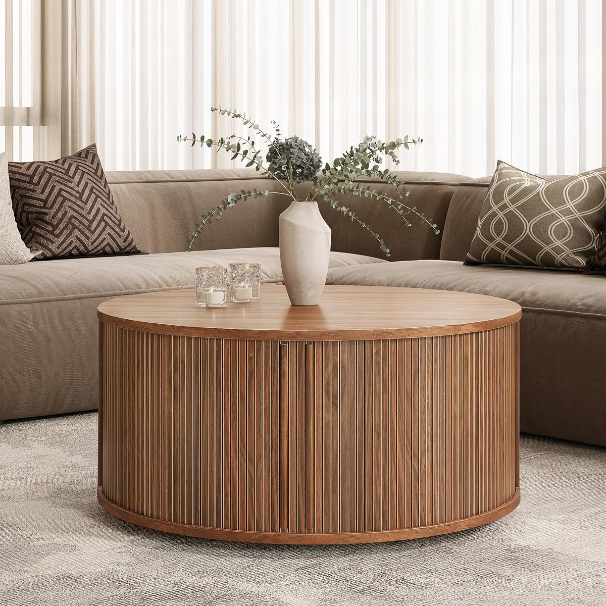 35'' Round Coffee Table with Storage and Shelves - Round Center Table for Living Room and Office. Wood Mid Century Modern Coffee Tables for Living Room (Walnut)