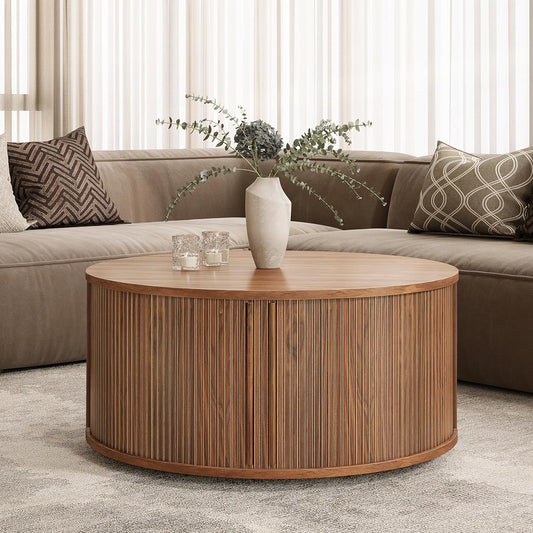 35'' Round Coffee Table with Storage and Shelves - Round Center Table for Living Room and Office. Wood Mid Century Modern Coffee Tables for Living Room (Walnut)