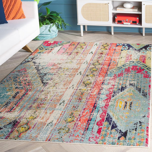 SAFAVIEH Monaco Collection Area Rug - 6'7" x 9'2", Multi, Boho Chic Tribal Distressed Design, Non-Shedding & Easy Care, Ideal for High Traffic Areas in Living Room, Bedroom (MNC222F)