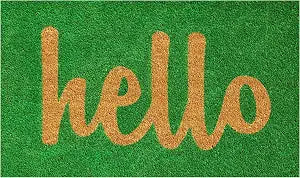 Green and natural hello script doormat, view 2