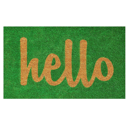 Green and natural hello script doormat