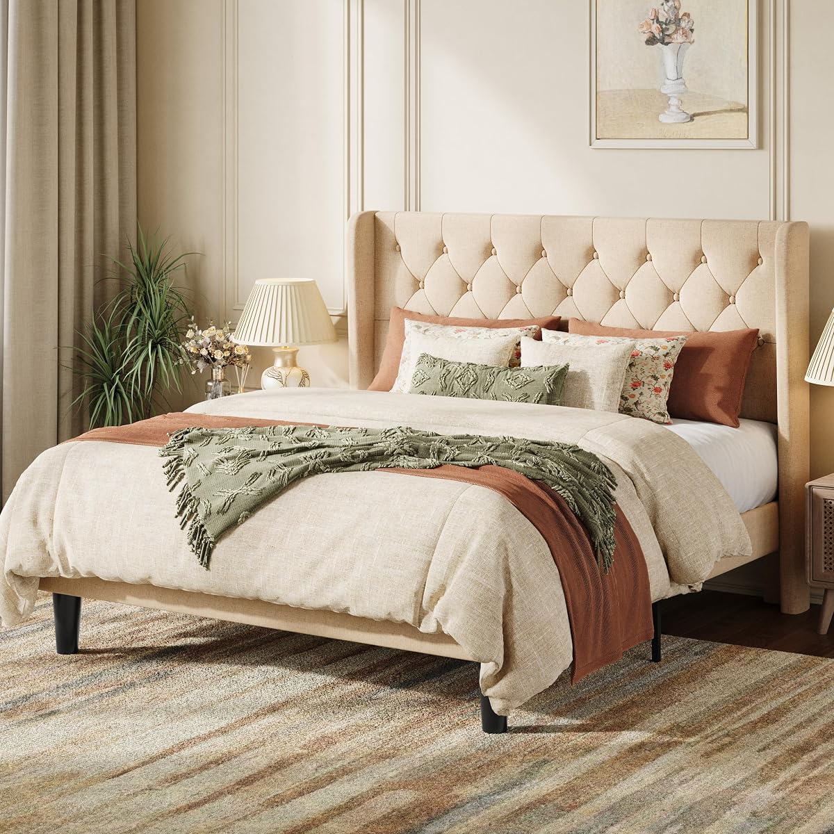 Queen Upholstered Bed Frame, Button Tufted Design, Beige