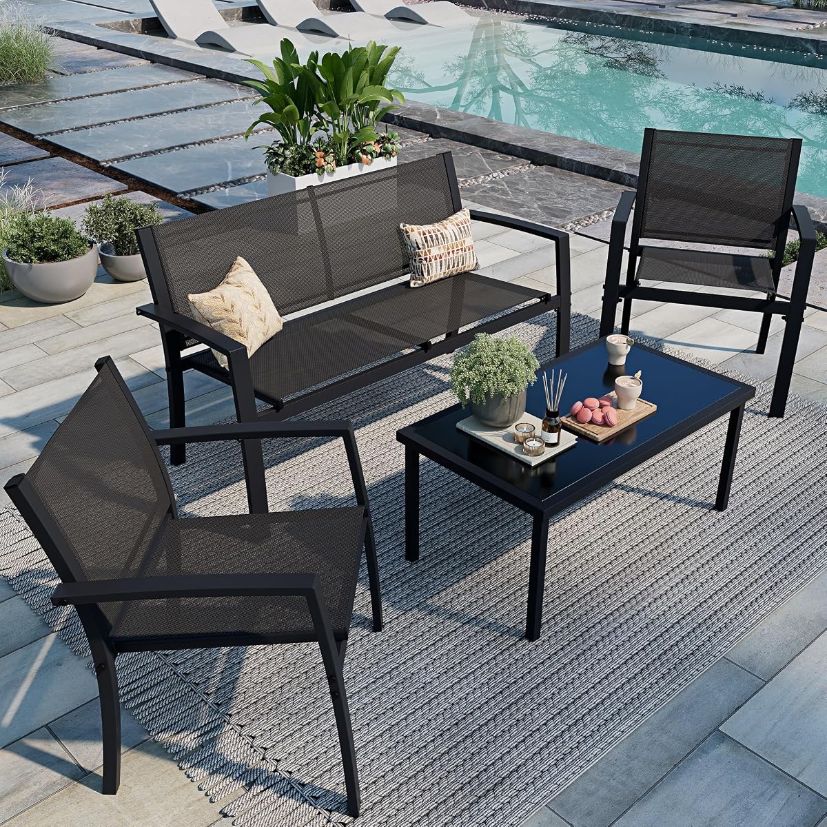 4 Pieces Patio Furniture Set All Weather Textile Fabric Outdoor Conversation Set, with Glass Coffee Table, Loveseat, 2 Single Chairs for Home, Garden, Lawn, Porch（Black）