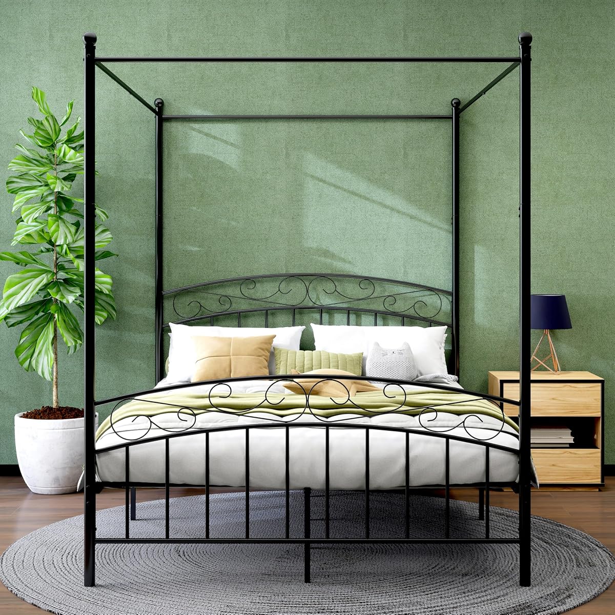 Metal Canopy Bed Frame Queen Size Four-Poster Black
