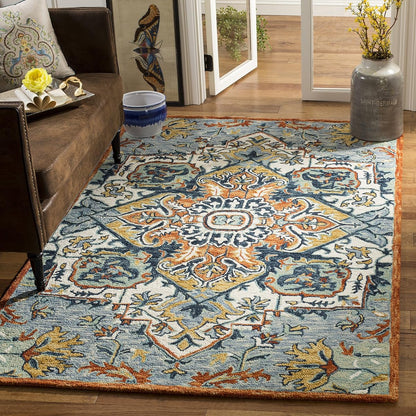SAFAVIEH Aspen Collection Area Rug - 3' Square, Blue & Rust, Handmade Boho Wool, Ideal for High Traffic Areas in Living Room, Bedroom (APN312A)