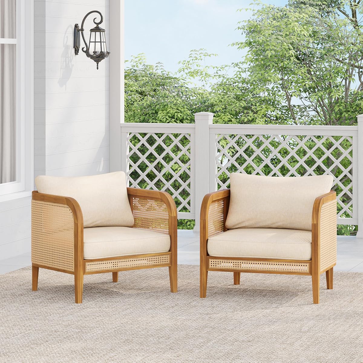 Set of 2 Tilden Bohemian Acacia Wood Patio Accent Chairs, Wicker Lounge Chair Outdoor, Patio Furniture Single Sofa with Cushion, Comfy Garden Reading Chair, Teak+Beige