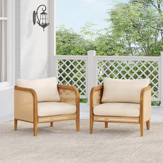 Set of 2 Tilden Bohemian Acacia Wood Patio Accent Chairs, Wicker Lounge Chair Outdoor, Patio Furniture Single Sofa with Cushion, Comfy Garden Reading Chair, Teak+Beige