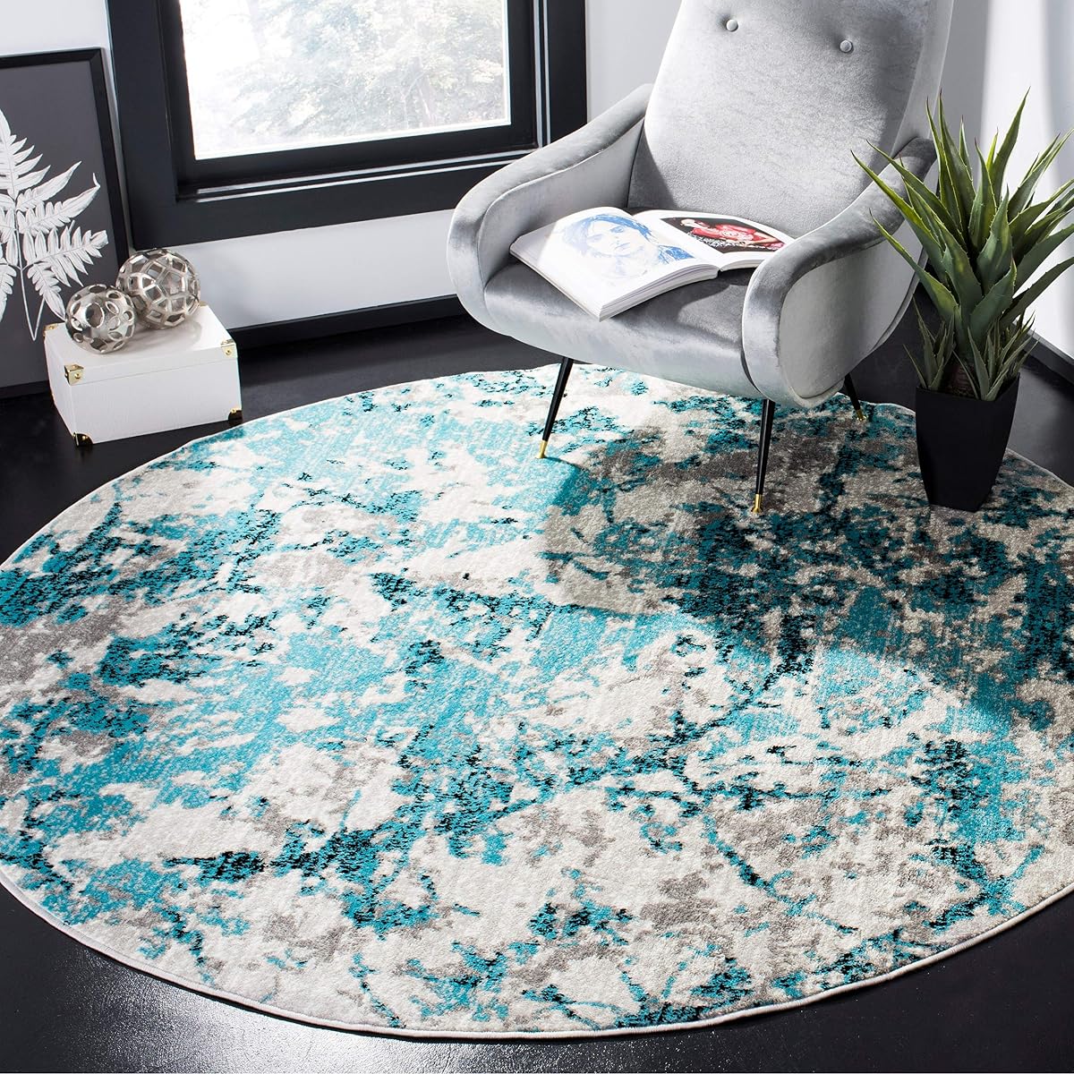 SAFAVIEH Skyler Collection 4' Round Blue/Ivory SKY186M Modern Abstract Non-Shedding Dining Room Entryway Foyer Living Room Bedroom Area Rug