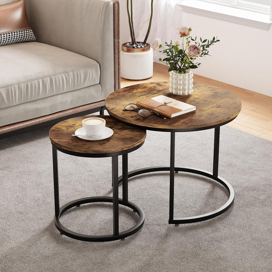 Nesting Coffee Table Set of 2, 23.6" Round Coffee Table Rustic Wood Top with Adjustable Non-Slip Feet, Industrial End Table Side Tables for Living Room Bedroom Balcony Yard