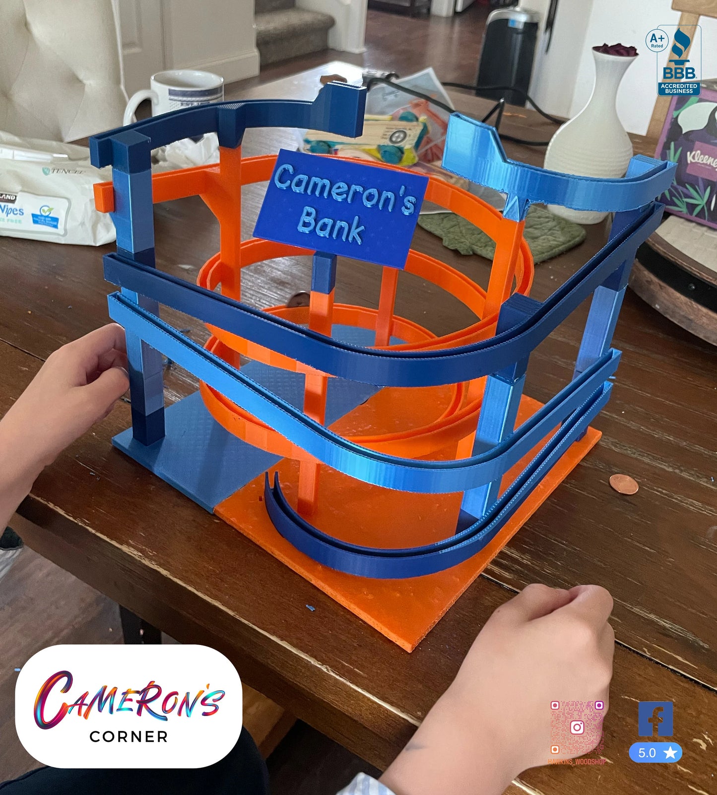 Made in USA Coin Run, Increases Donations, 9.5" L x W and H, Ships FREE Nationwide, Piggy Bank, Custom 3D Printed by 8 Year Old