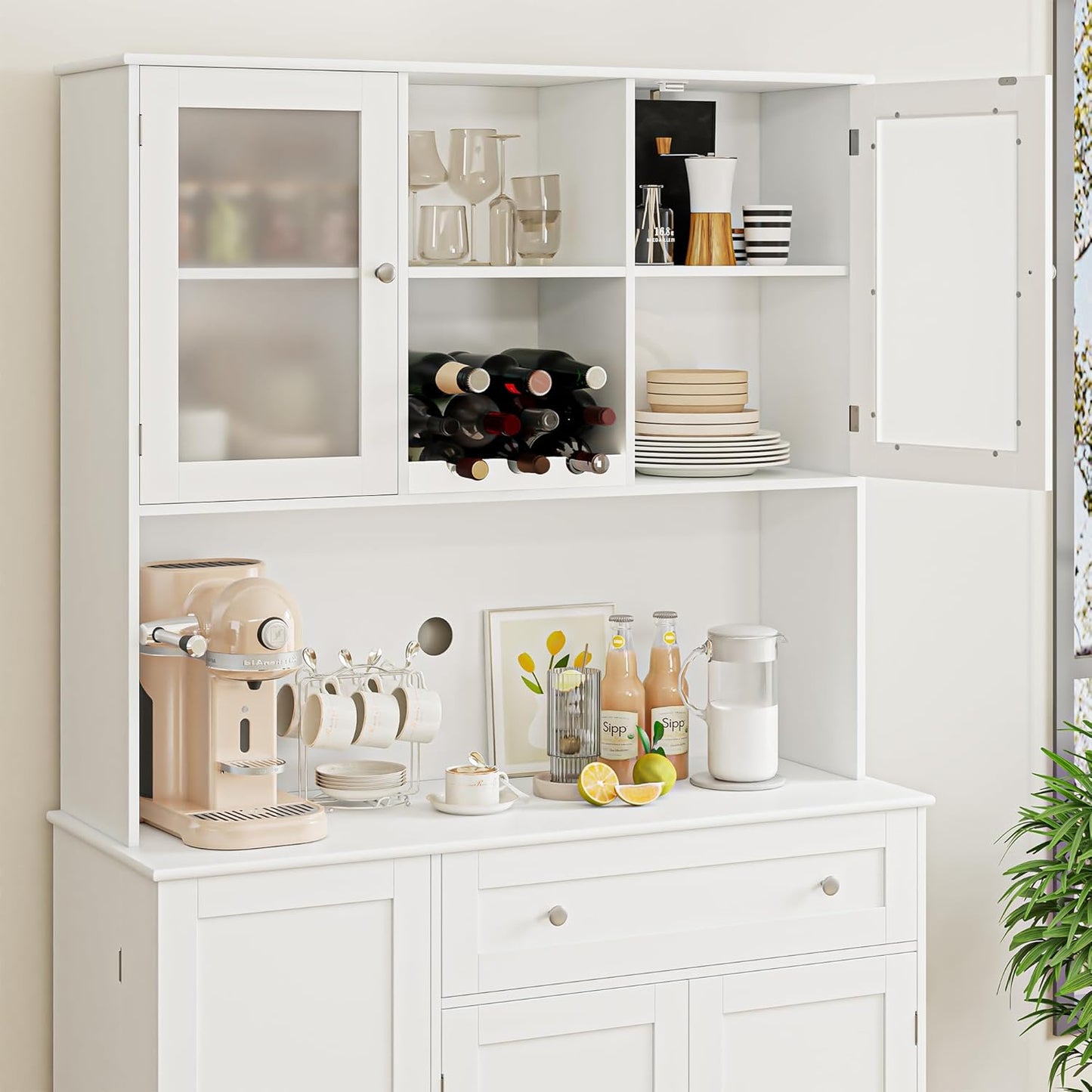 Kitchen Pantry Storage Cabinet, Modern Buffet Cabinet with Hutch, Tall Kitchen Hutch with Microwave Stand, Food Pantry with Doors and Shelves | Wine Rack for Dining Room, White