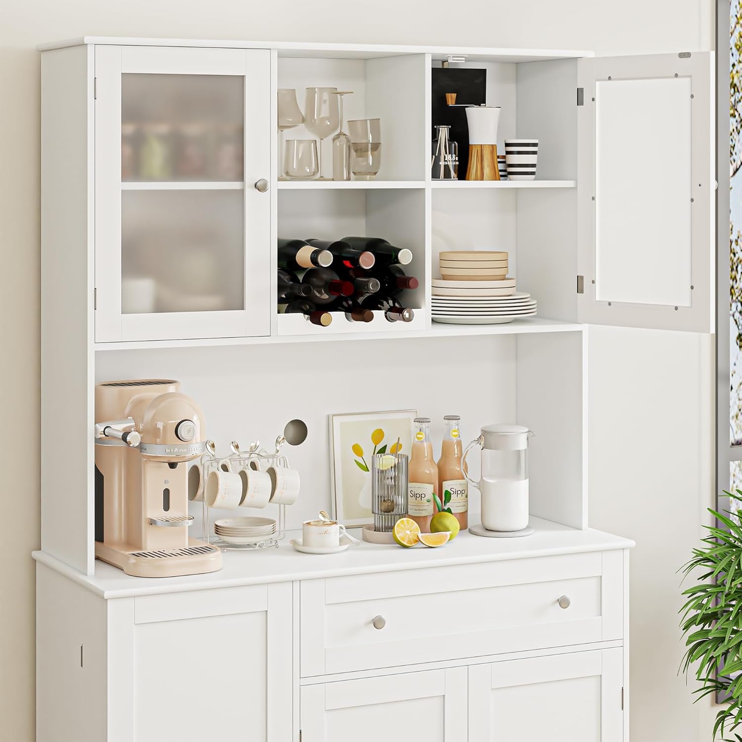 Kitchen Pantry Storage Cabinet, Modern Buffet Cabinet with Hutch, Tall Kitchen Hutch with Microwave Stand, Food Pantry with Doors and Shelves | Wine Rack for Dining Room, White