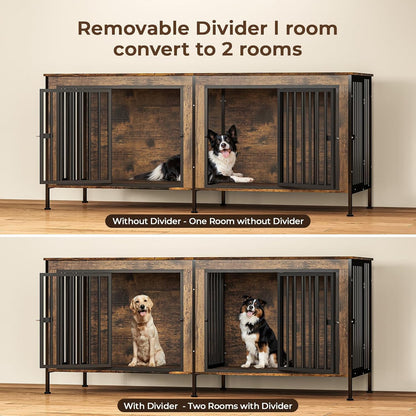 Dog Crate Furniture for 2 Large Dogs – 78" XXL Double Dog Kennel with Divider, Extra Large Wooden Dog Cage TV Stand, Heavy Duty Indoor Dog House, Pre-Assembled, Brown
