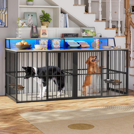 71.5" Dog Crate Kennel Furniture Indoor, Large Double Dog Crate TV Stand W/Led Light & Power Outlet, Furniture Style Wooden Dog Cage for Large Medium Dogs W/4 Lockable Doors & Rotating Bowls