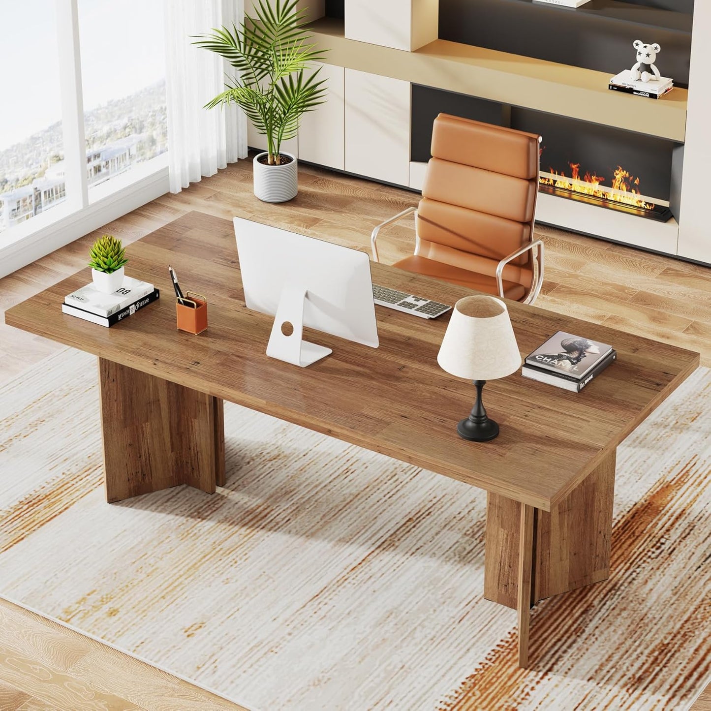 63-Inch Executive Desk, Vintage Home Office Computer Desk with Large Tabletop, Farmhouse Wood Writing Conference Table Workstation for Office, Study, Walnut Brown