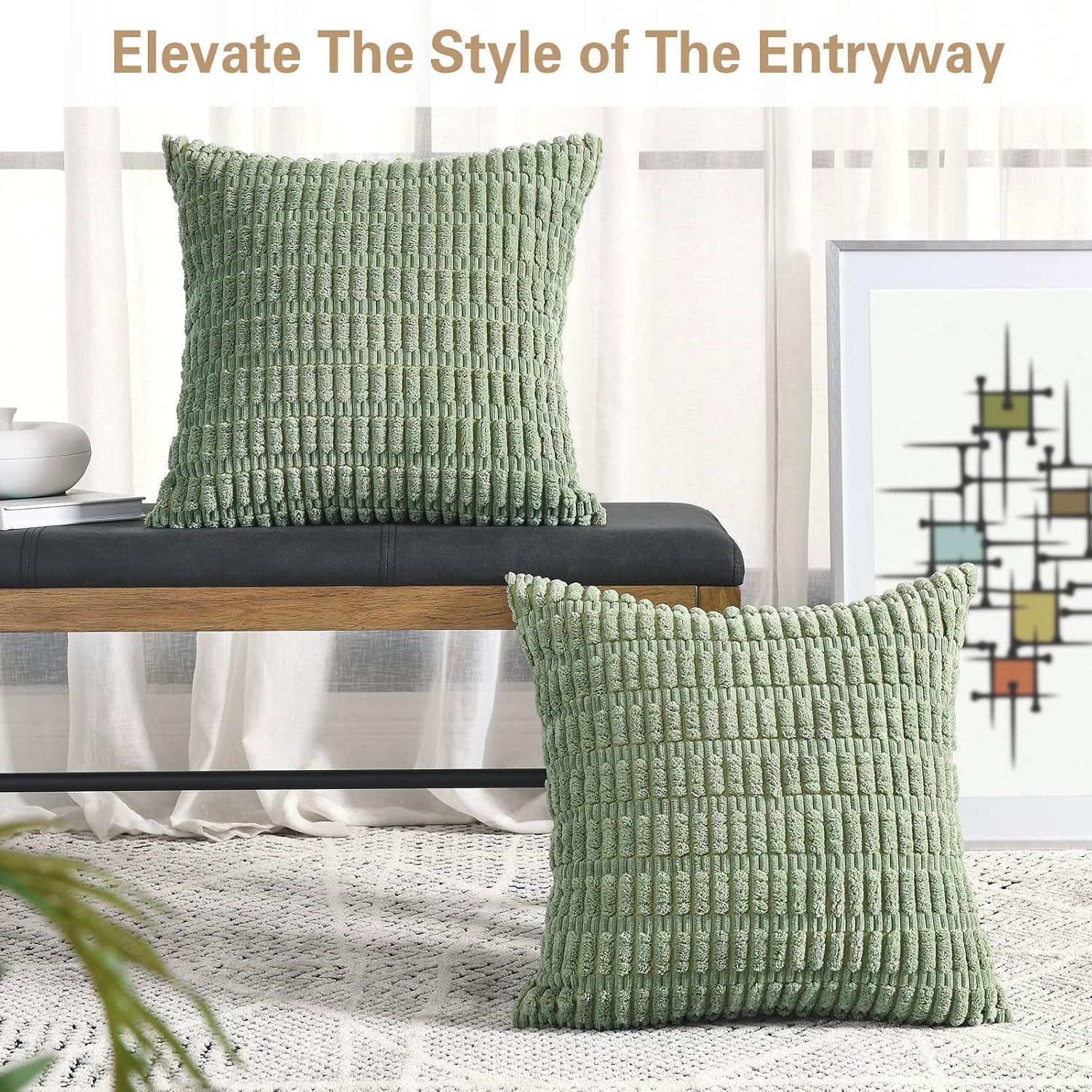 Pack of 2 Sage Green Decorative Throw Pillow Covers 18X18 Inch, Soft Corduroy Striped Square Cushion Cases, Modern Farmhouse Boho Home Decor for Spring Couch Bed Sofa Living Room