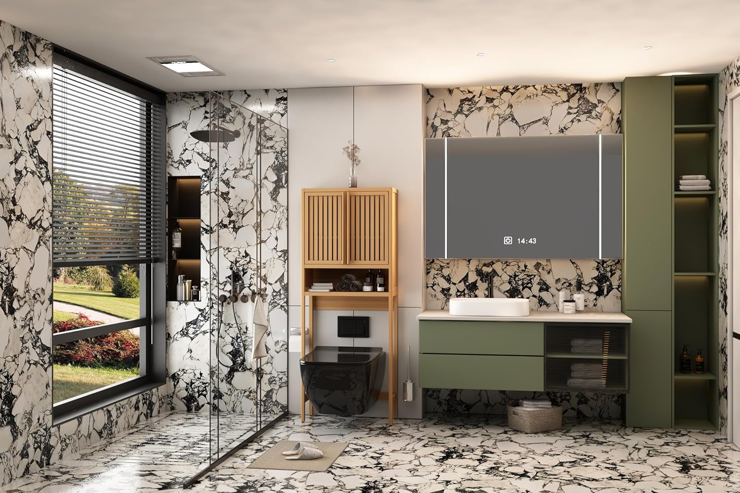 Bamboo over the Toilet Storage Cabinet - 67" Tall Freestanding Toilet Storage with 2 Doors & Open Shelf, Extra Large Capacity Space Saver for Bathroom, Laundry Room (Natural)