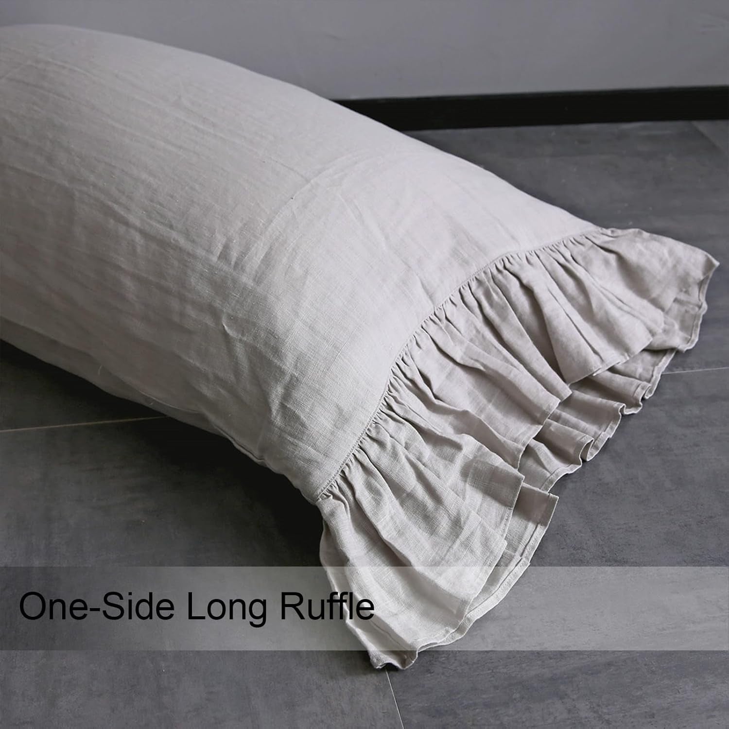 Ruffles Linen Pillowcase. Pure Flax Pillow Sham 100% French Linen Ruffled Pillow Cover, Standard, Queen, King 1 PCS Size (Queen, Silver)