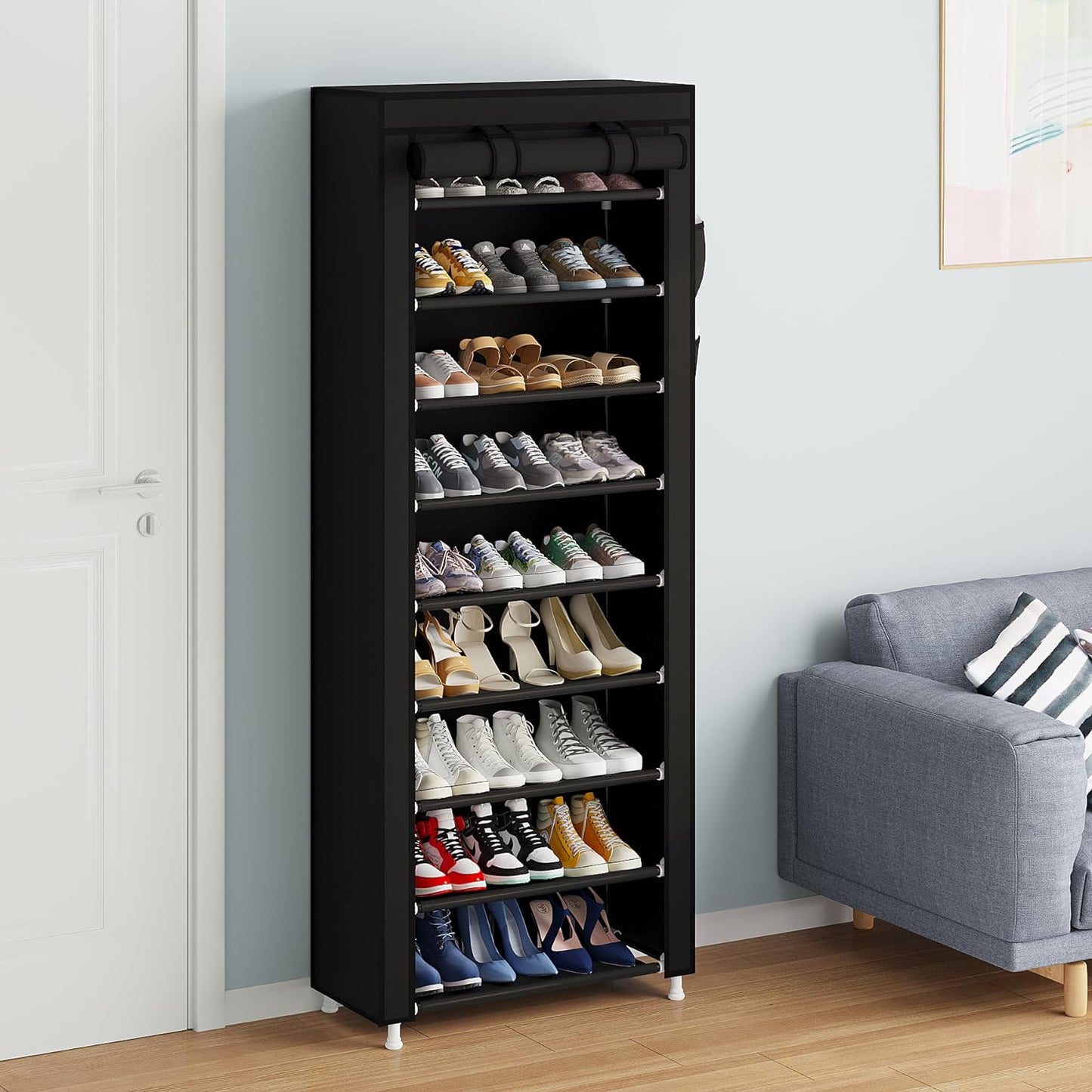 7 Tier Shoe Rack Organizer,Portable Shoe Shelf with Nonwoven Fabric Cover for Closet Hallway,Bedroom,Entryway,Black