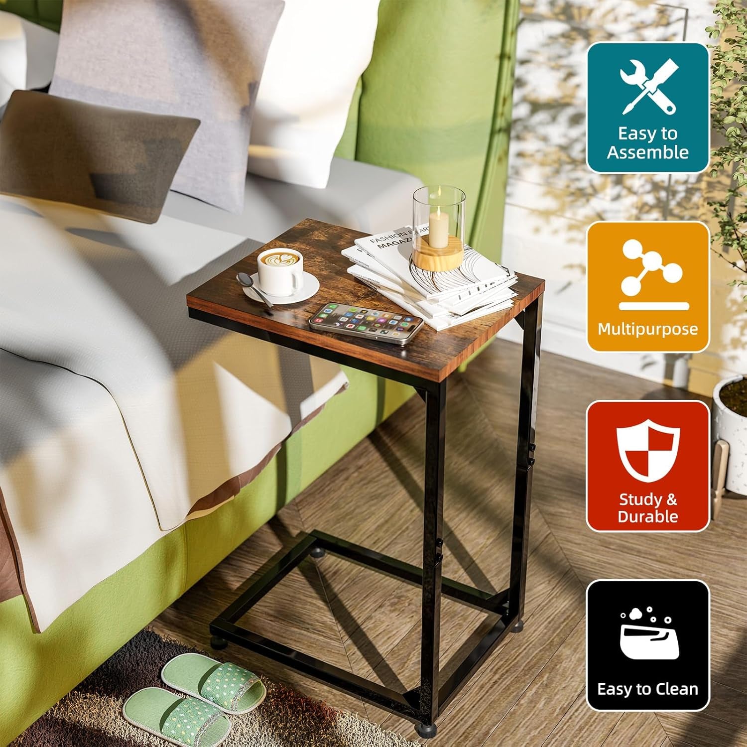 C Shaped End Table for Couch, Small Side Table TV Tray Table with Metal Frame for Living Room, Bedroom, Rustic Brown