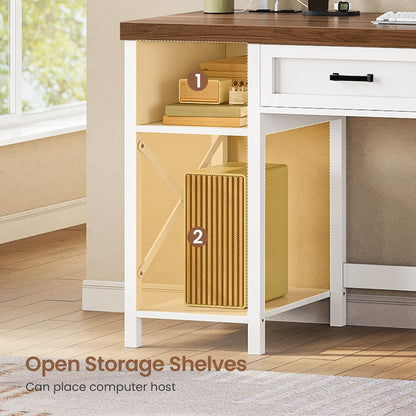 Farmhouse Small Desk with Drawers, 40" Computer Desk with Storage Shelves, White Writing Desk for Small Space and Power Outlet, Desk for Bedroom, Home Office