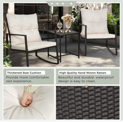 3 Piece Outdoor Rocking Bistro Set Black Wicker Furniture Porch Chairs Conversation Sets with Glass Coffee Table, Beige